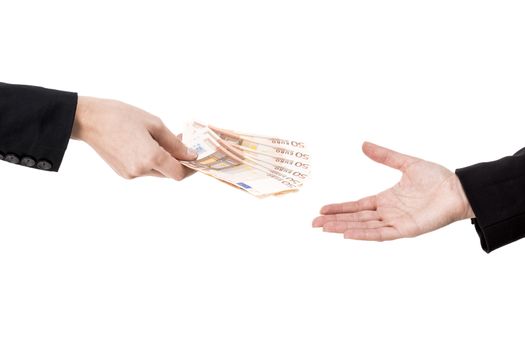 Concept image of hands making and receiving a payment, isolated over white background