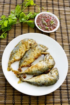 Shrimp Paste Chilli Sauce (Nam Prik Ka Pi) serve with Fried Indian Mackerel, Thai Food