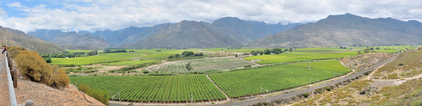 Panoramic view to the west from the N1 road to the mountains of the Hex River Valley in the Western Cape Province of South Africa
