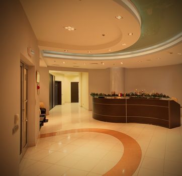  interior of a reception office with brown desk, instagram image style