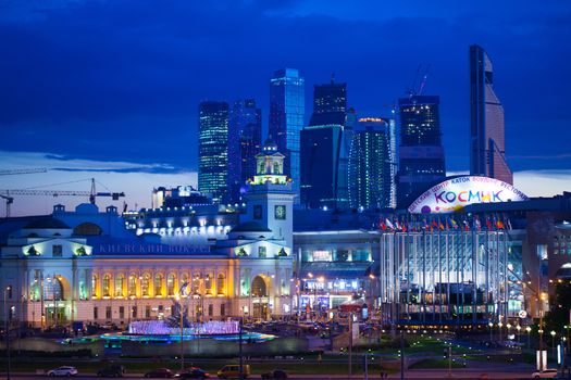 Moscow, Russia-2013.05.29, evening view of the Kiev railway station and business center Moscow-city, editorial use only