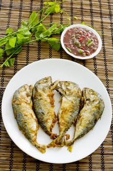 Shrimp Paste Chilli Sauce (Nam Prik Ka Pi) serve with Fried Indian Mackerel, Thai Food