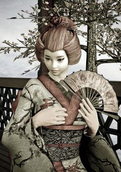 3D digital render of a beautiful vintage geisha wearing traditional clothes sitting in a pavilion, blue sky and cherry blossom background, drawing effect