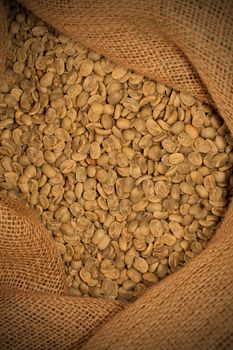 raw coffee beans in a sack, instagram image style