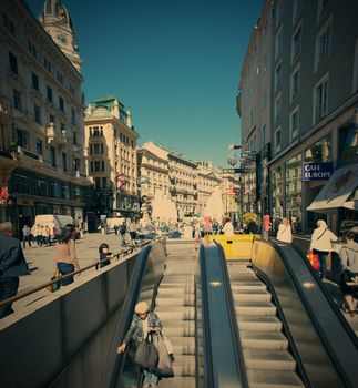 Austria, Vienna 12.06.2013, escalator on Stephansplatz, Instagram filter style, editorial use only