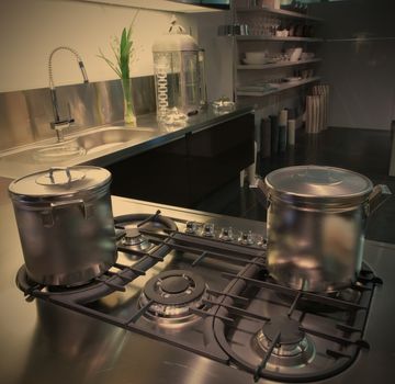 interior of modern kitchen with steel saucepan, instagram image style