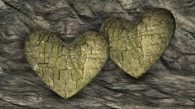Two Heart shaped rocks over a background made of rocks
