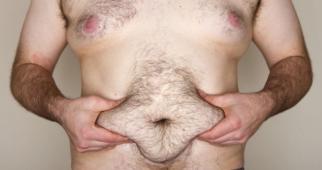 Flab, Fat, Obese, A large man grabs his mid section