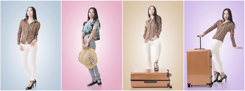 Travel concept with Asian beauty with a luggage in a set.