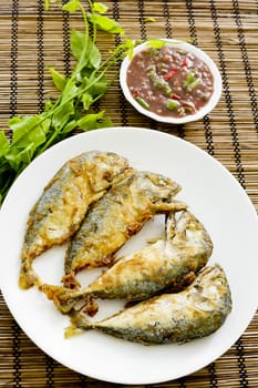 Shrimp Paste Chilli Sauce (Nam Prik Ka Pi) serve with Fried Indian Mackerel, Thai Food