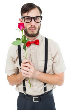 Geeky hipster offering a rose on white background