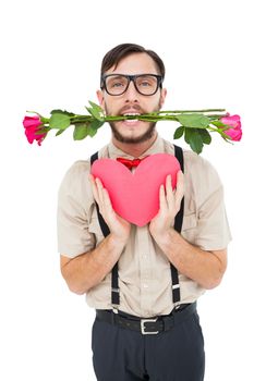 Geeky hipster offering valentines gifts on white background