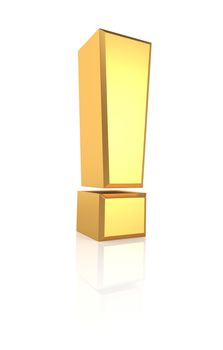 Golden exclamation symbol isolated on white background. 3d render