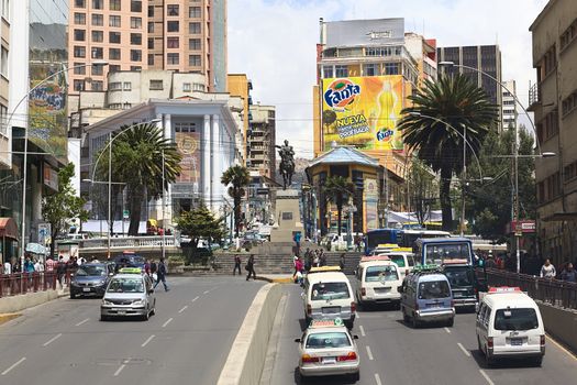 LA PAZ, BOLIVIA - NOVEMBER 28, 2014: Villazon Avenue leading to the statue of Mariscal Sucre standing on Plaza del Estudiante (Student's Square) in the city center on November 28, 2014 in La Paz, Bolivia