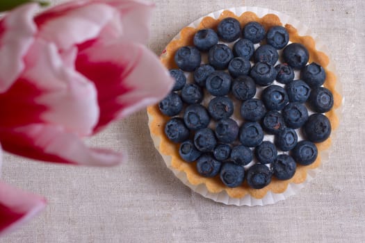 Tartlet with fresh blueberries on a wooden background 