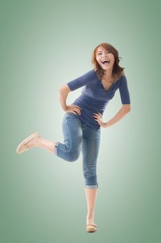 Excited Asian young girl, full length portrait isolated.