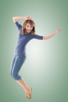 Excited Asian young girl, full length portrait isolated.