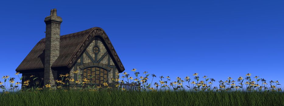 Cottage and green grass with spring flowers by blue day - 3D render