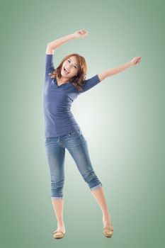 Excited Asian young girl, full length portrait isolated.