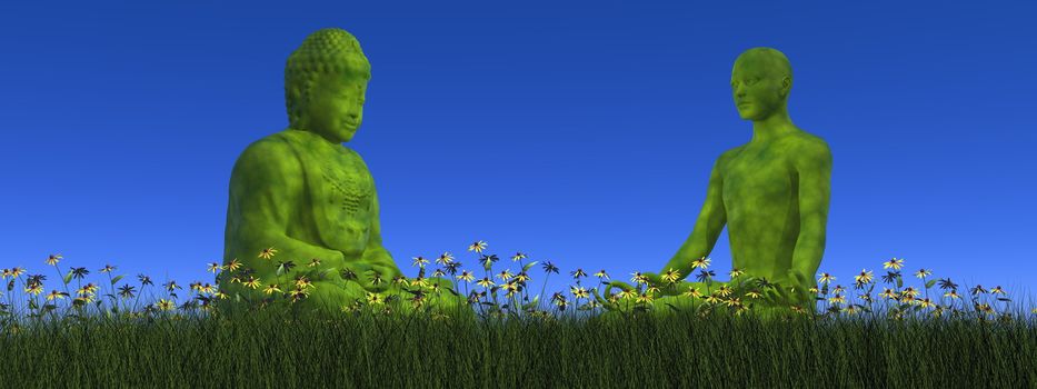 One green buddha sitting in front of green human meditating on the grass with flower by day - 3D render