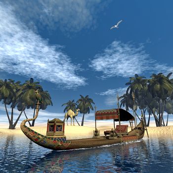 Egyptian sacred barge with throne floating on Nile river next to sand coast with palm trees and camel - 3D render