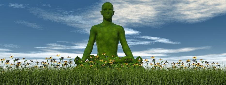 One green human meditating on the grass with flower by day - 3D render