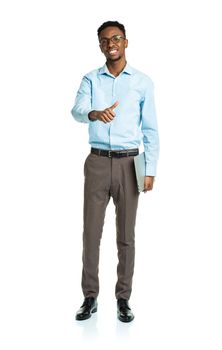 Happy african american college student standing with laptop and finger up on white background