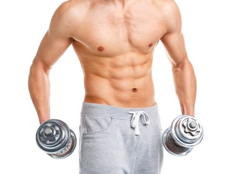 Athletic man with dumbbells on the white background