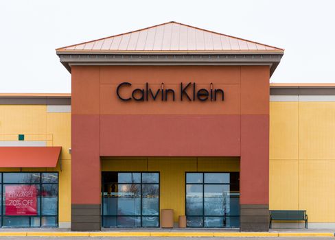 ALBERTVILLE, MN/USA - JANUARY 16, 2015: Calvin Klein retail store exterior. Calvin Klein Inc. is an American fashion house founded by the fashion designer Calvin Klein.