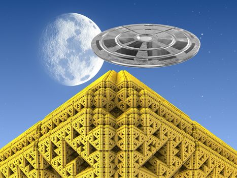 Golden Pyramid with blue sky background, UFO and moon