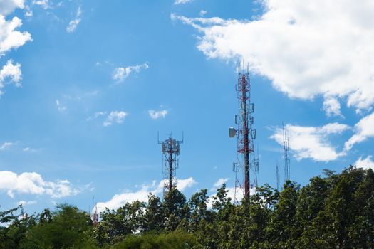 Telecommunications towers Located high in the mountains are covered with trees.