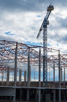 Construction site. Framework of the new building and tower crane above it.