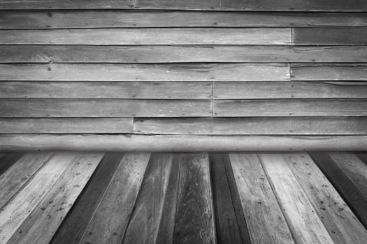 room interior with old wooden wall and wood floor background, black and white, with vignette