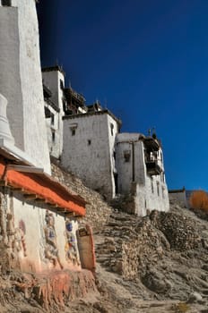Side-view of the white buildings in Thiksey monastery, India