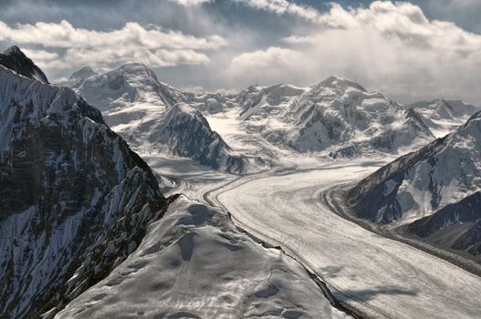Aerial view of Fedchenko Glacier in Pamir mountains in Tajikistan