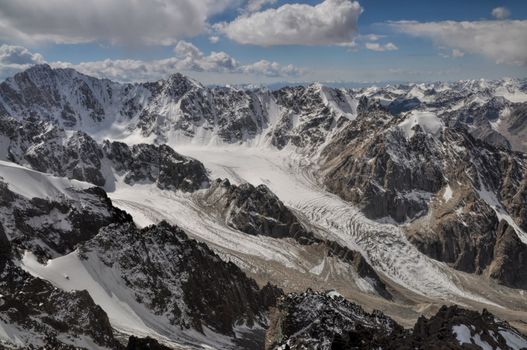 Majestic mountain peaks and glaciers in Tian Shan mountain range in Kyrgyzstan