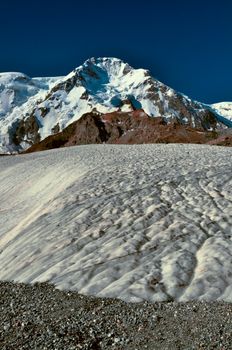 Glacier below highest peaks in Tien-Shan mountain range in Kyrgyzstan