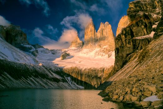 Scenic early morning view of Torres del Paine in south American Andes                   