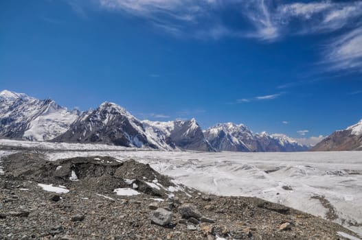 Scenic high altitude landscape on Engilchek glacier in Tian Shan mountain range in Kyrgyzstan