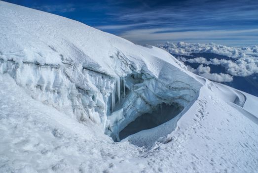 Crevasse in glacier near top of Huayna Potosi mountain in Bolivia