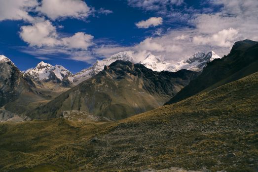 Amazing landscape around Alpamayo, one of highest mountain peaks in Peruvian Andes, Cordillera Blanca