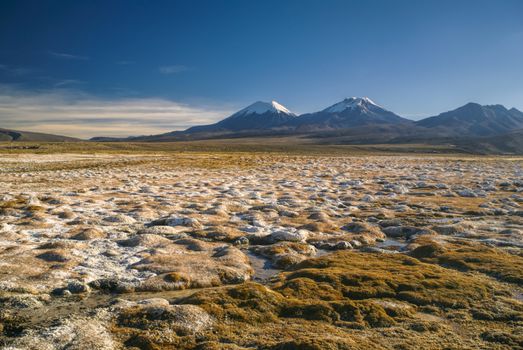 Scenic view of bolivian volcanoes, highest peaks in Bolivia in Sajama national park