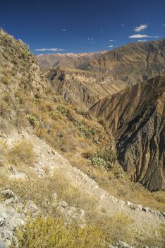 Picturesque view arid landscape around Canon del Colca, famous tourist destination in Peru