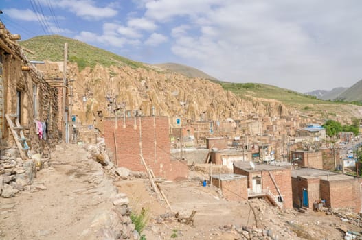Scenic view of unusual cone shaped dwellings in Kandovan village in Iran