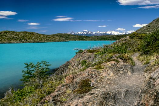 Scenic view of clear blue lake in Torres del Paine National Park                 