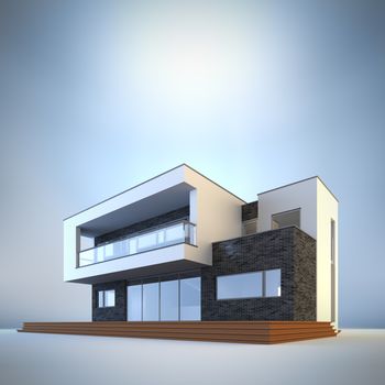3d render illustration of template contemporary minimalist house at blue background. Empty copy space to place your text or logo.
