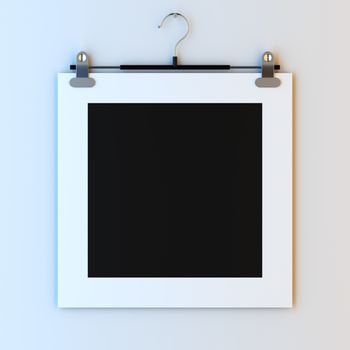 3d render illustration blank template layout of empty paper frame on hanger clips. Paint surface empty to place your photo, image, picture, text or logo.