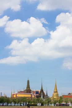 Wat Phra Kaew, Temple of the Emerald Buddha, Bangkok, Thailand, and sky with copyspace