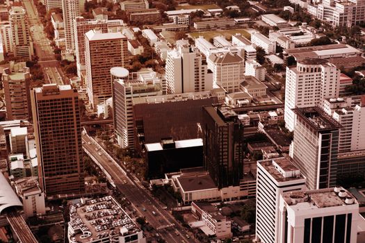 Aerial view of streets and buildings, Bangkok City. Thailand.