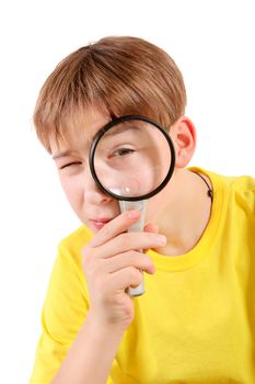 Teenager with Magnifying Lens on the White Background